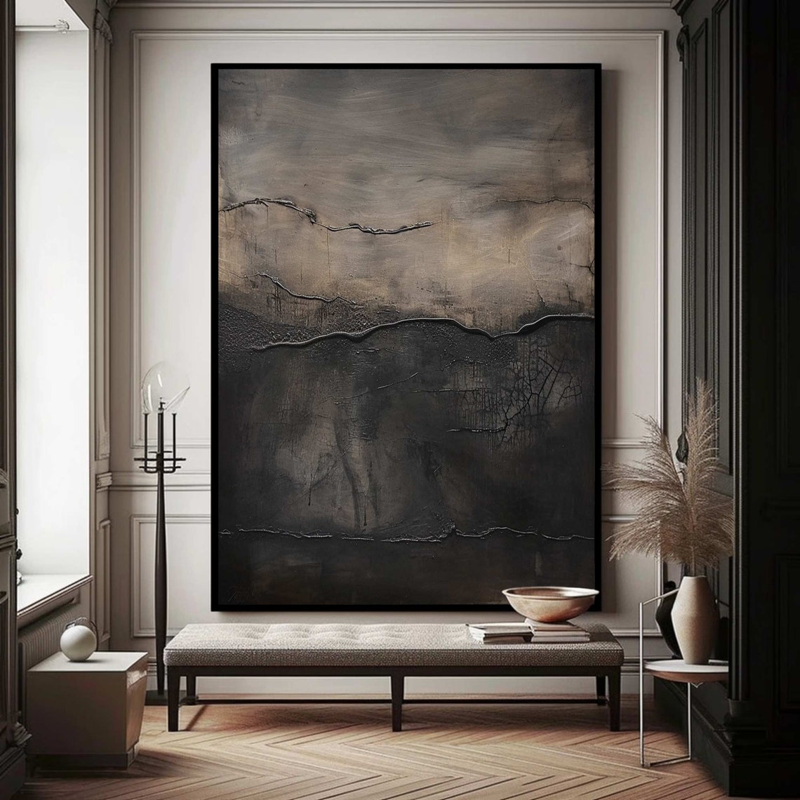 Charcoal Black Brown Textured Abstract Painting Moody Minimal Wall Art - Image 3