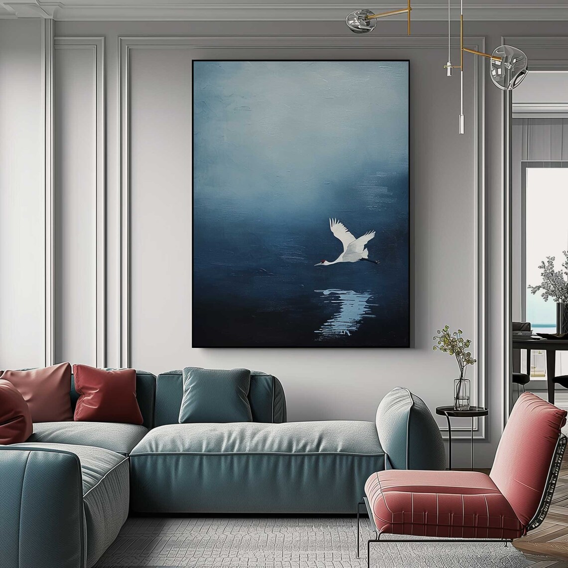 Emerald Blue Birds Abstract Art Print, Minimalist Decor