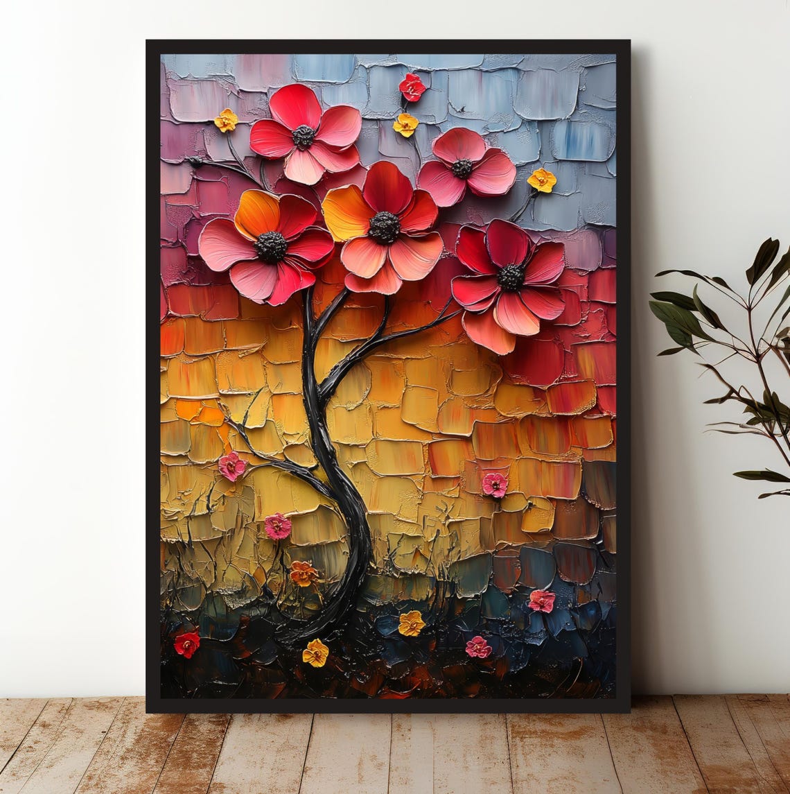 Impasto Blossom Tree Red and Gold Textured Floral Art Poster