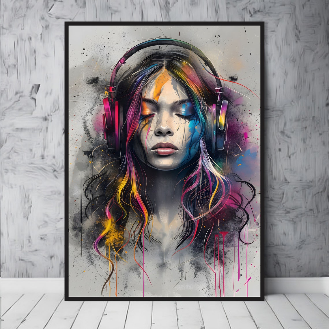Rainbow Hair Headphones Woman Colorful Abstract Portrait Poster - Image 2