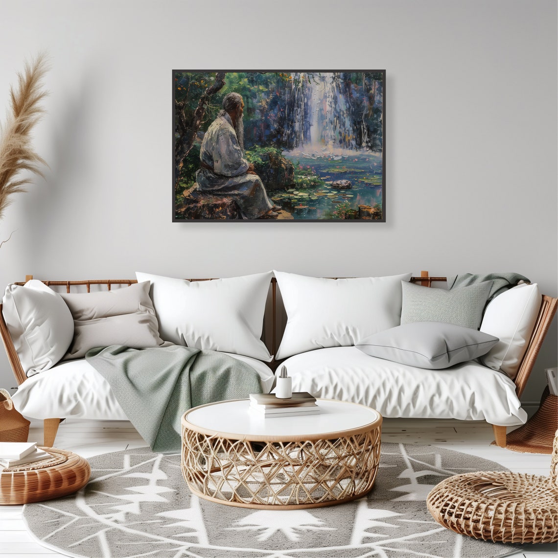 Wise Sage by Waterfall Impressionist Painting Zen Art Poster - Image 2