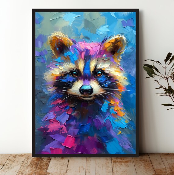 Colorful Impasto Raccoon Portrait In Blue Pink And Purple Pop Art Poster