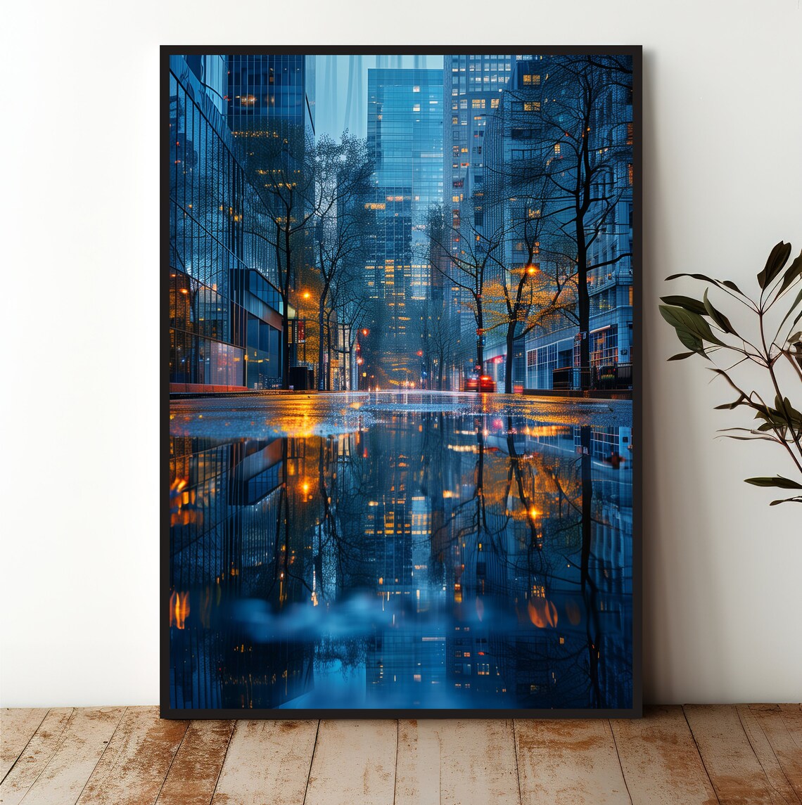 Rainy City Street Night Glass Skyscraper Reflection Art Print