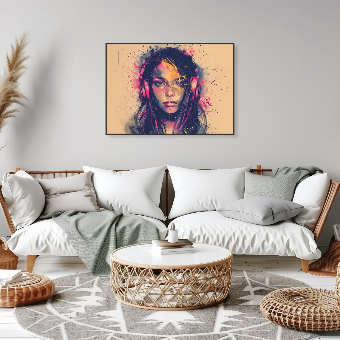 Vibrant Pink Headphones Girl Graffiti Splatter Portrait Art Poster - Image 2