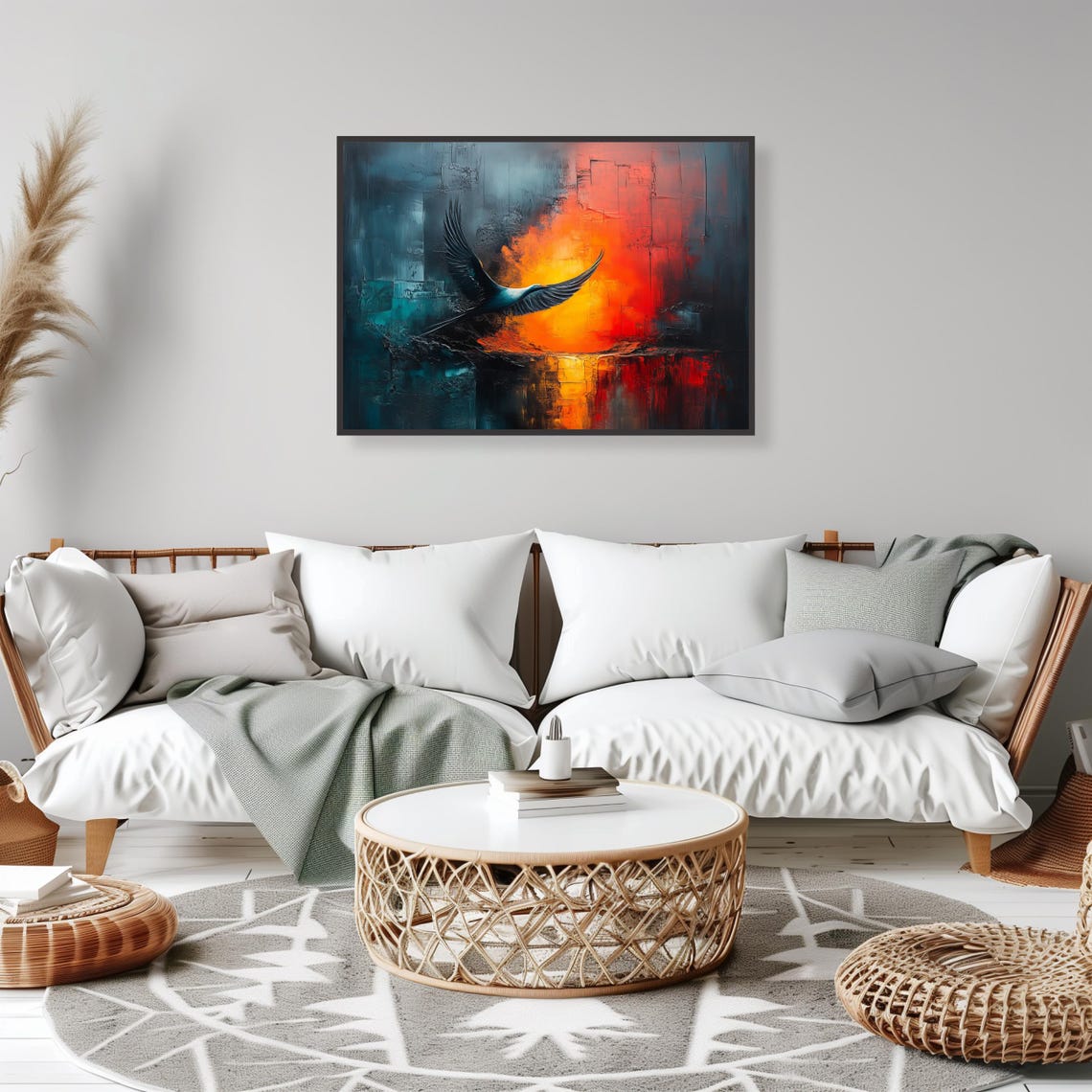 Soaring Bird Abstract Sunset Bold Blue Orange Scene Wall Art - Image 2