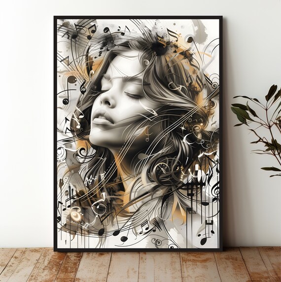 Serene Woman Face Among Music Notes Black And Gold Abstract Music Poster