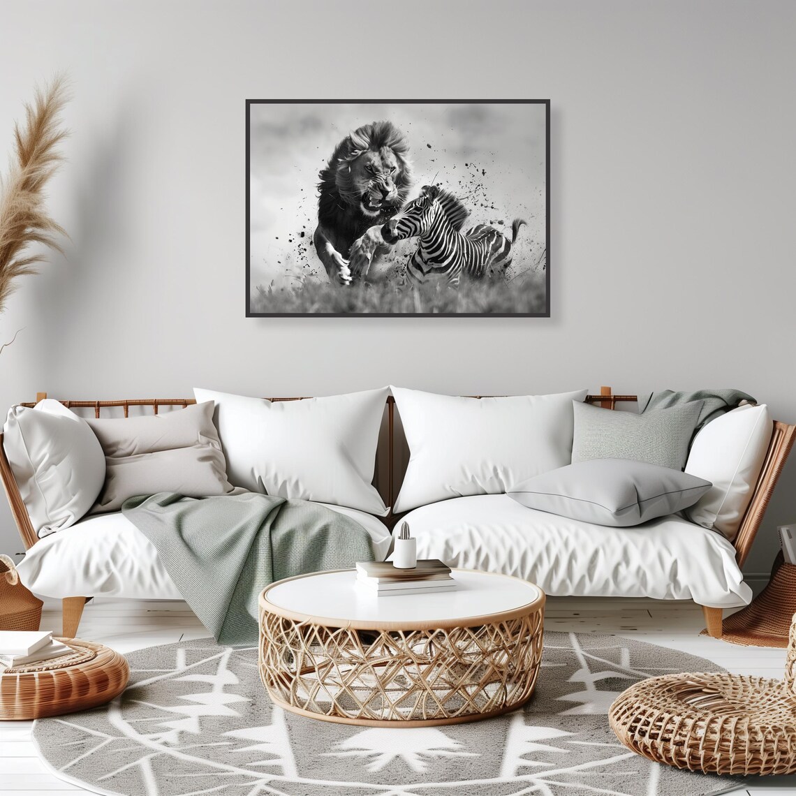Lion and Zebra Chase Black and White Wildlife Action Scene Poster - Image 2