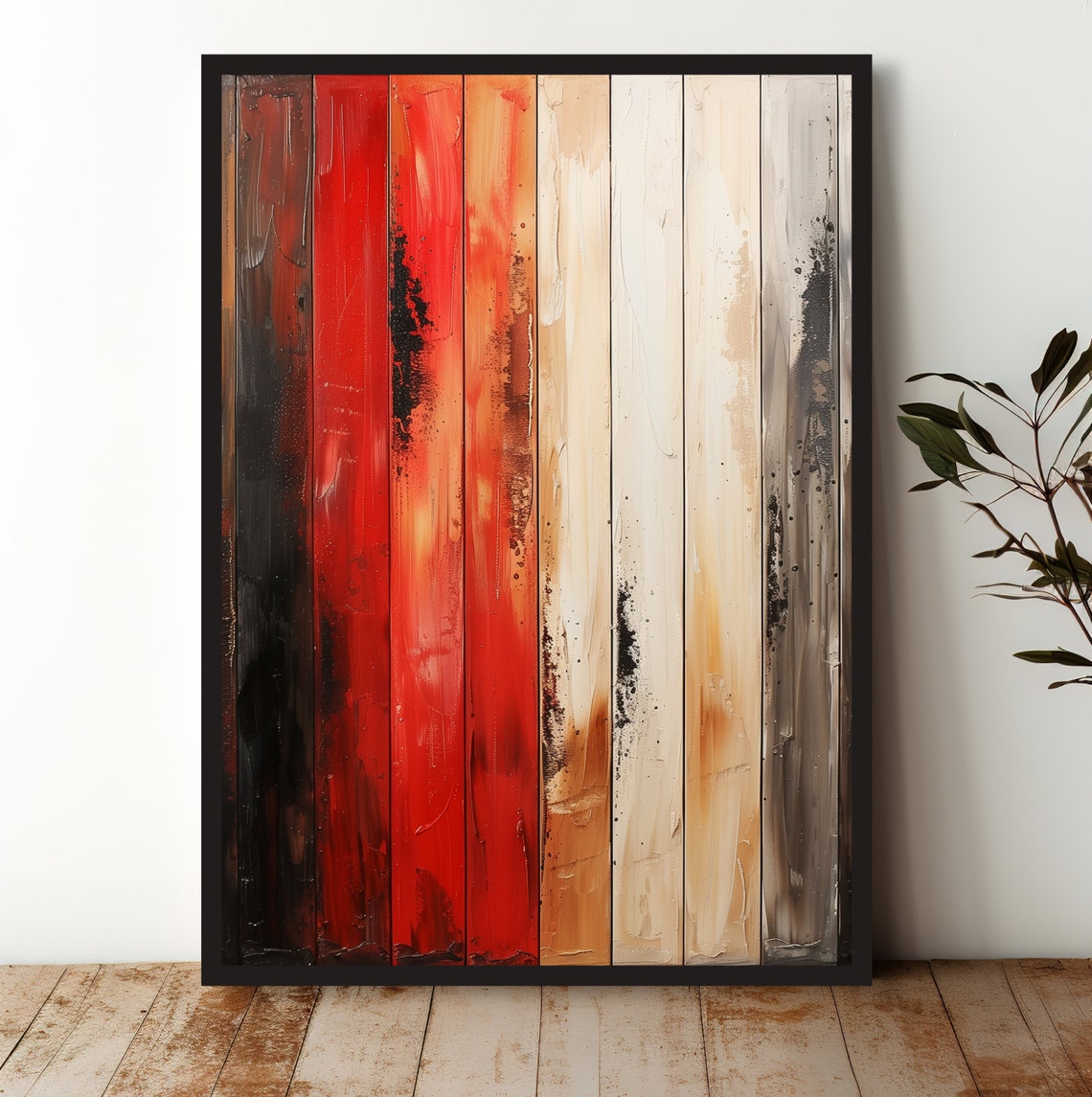 Rustic Wood Plank Abstract Painting Red Neutral Modern Art Poster