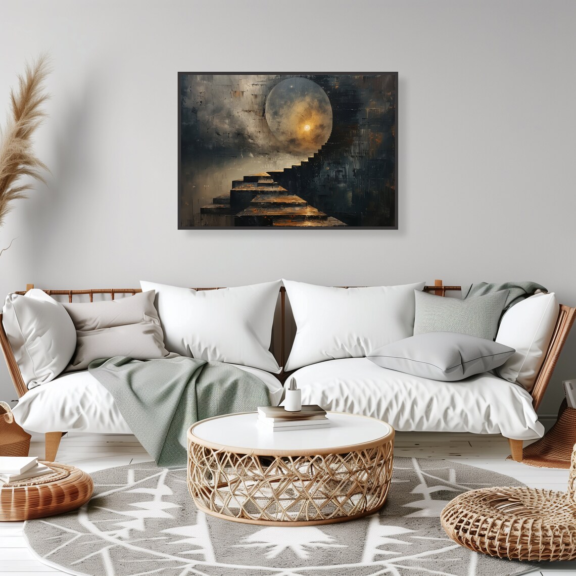Surreal Staircase to the Moon Dreamlike Moody Night Fantasy Art Poster - Image 2