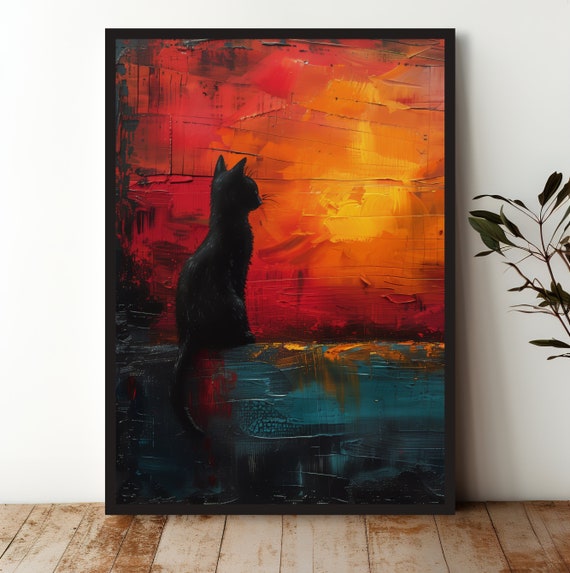 Black Cat Wall Art Print Vibrant Animal Lover Decor For Home Abstract Museum Quality Moody Design Unframed Art Print