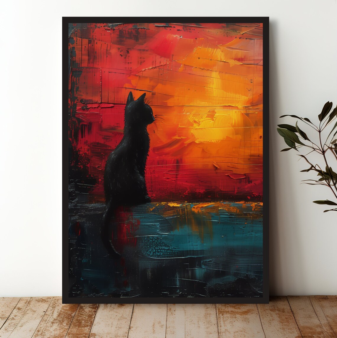 Black Cat Silhouette Against Fiery Red Orange Abstract Moody Art Poster