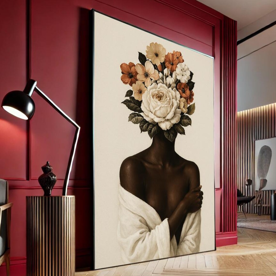 Minimalist Floral Woman Portrait Cream Background Peony Head Poster
