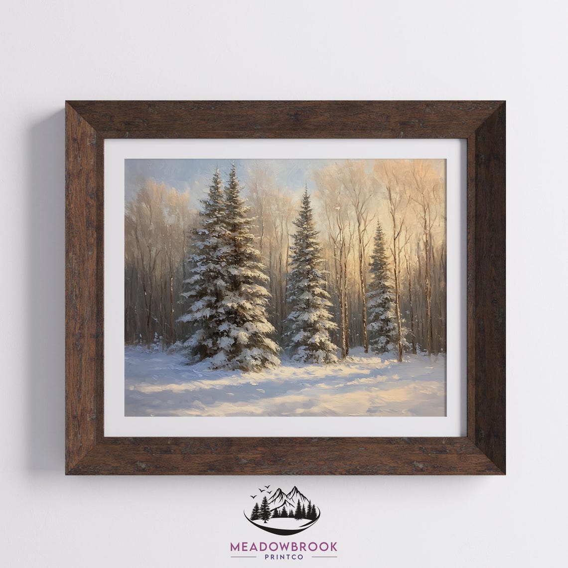 Sunlit Snowy Evergreens In Winter Forest Landscape Painting Print - Image 2