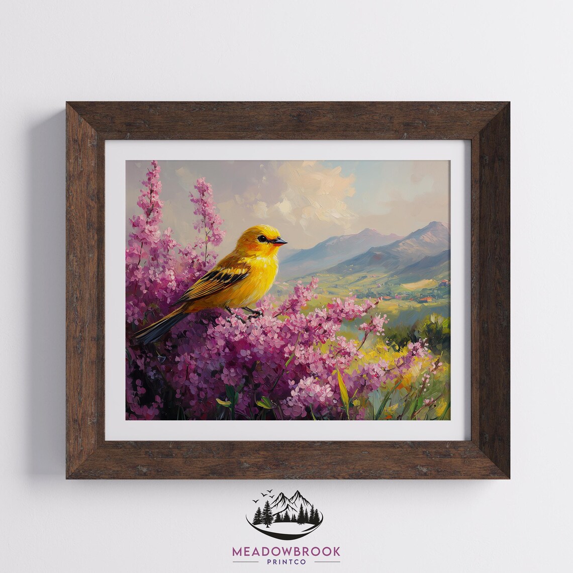 Golden Yellow Goldfinch Bird Among Purple Blossoms Valley Bird Print - Image 2