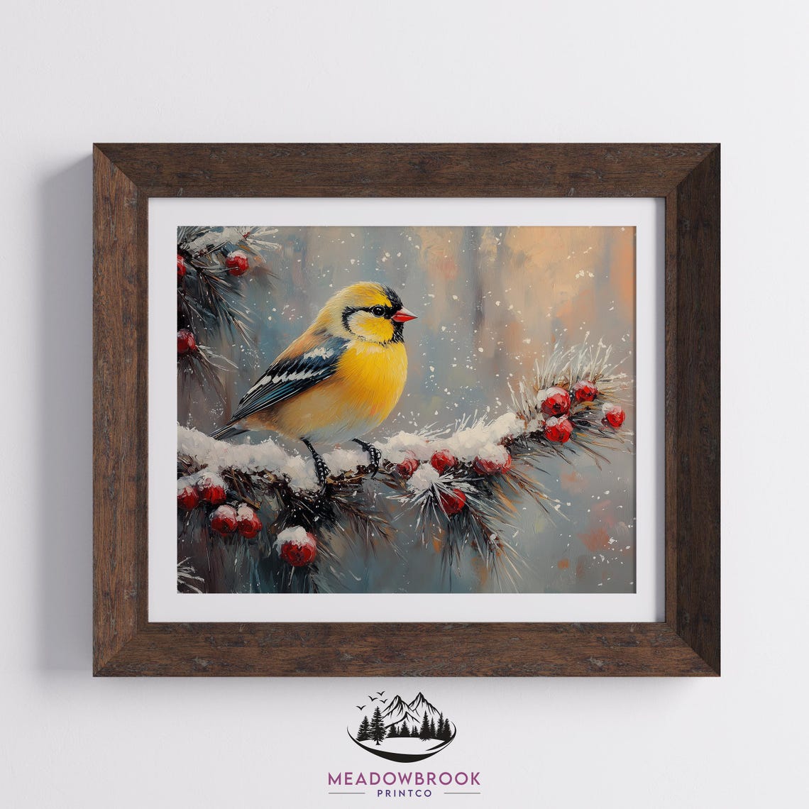Goldfinch On Snow Covered Branch With Red Berries Winter Oil Poster - Image 2