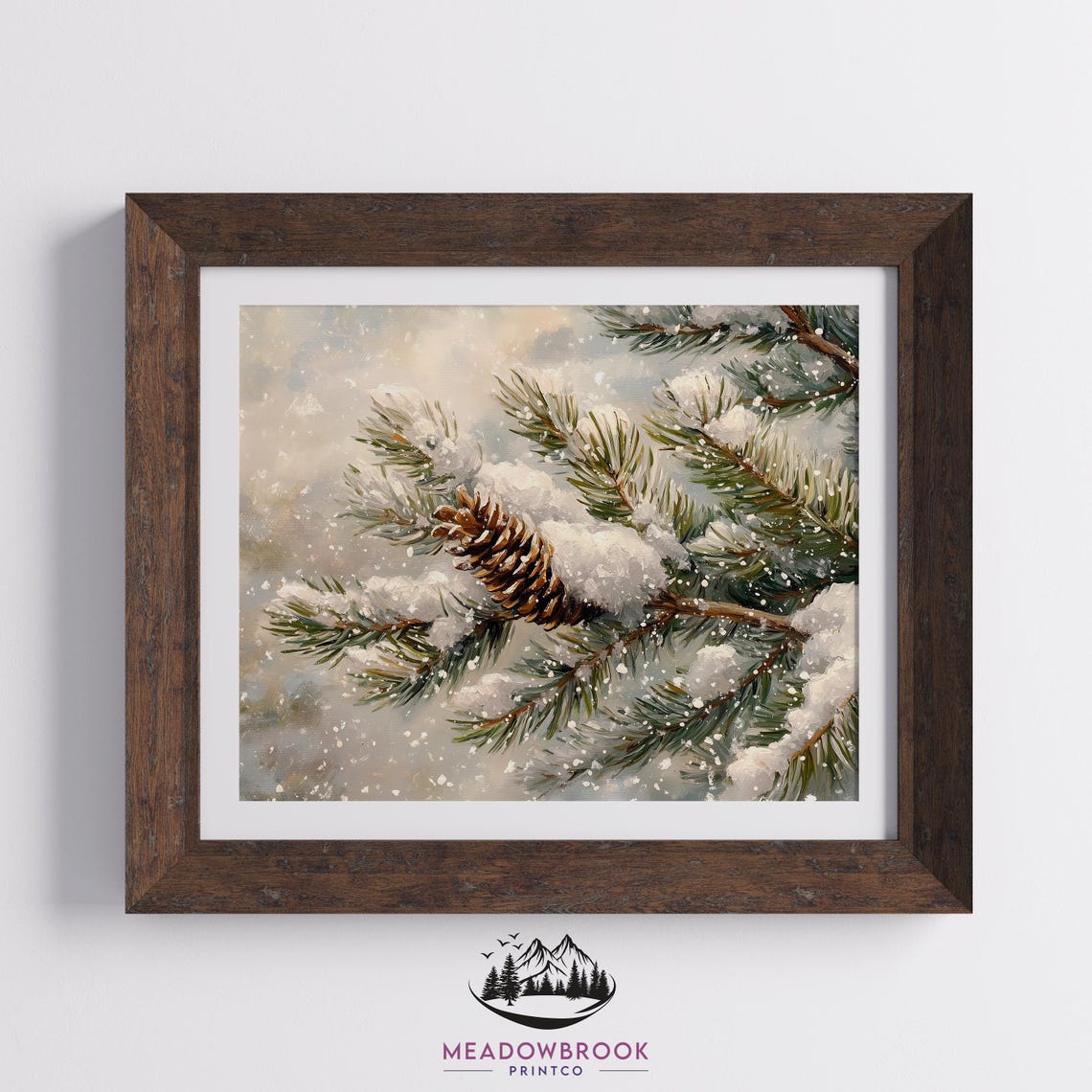 Frosted Pine Branch With Snowfall Vintage Winter Painting Print - Image 2