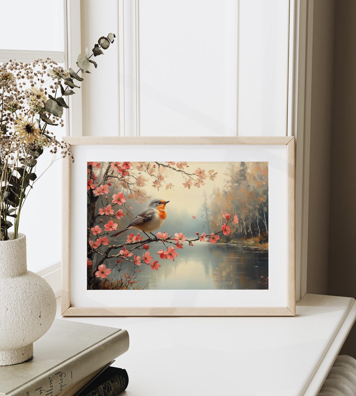 Robin On Dogwood Blossoms Over Calm River Spring Morning Art Poster - Image 3