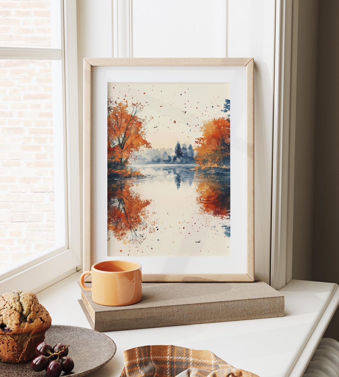 Autumn Lake Golden Trees Mirror Reflection Splash Watercolor Poster - Image 3