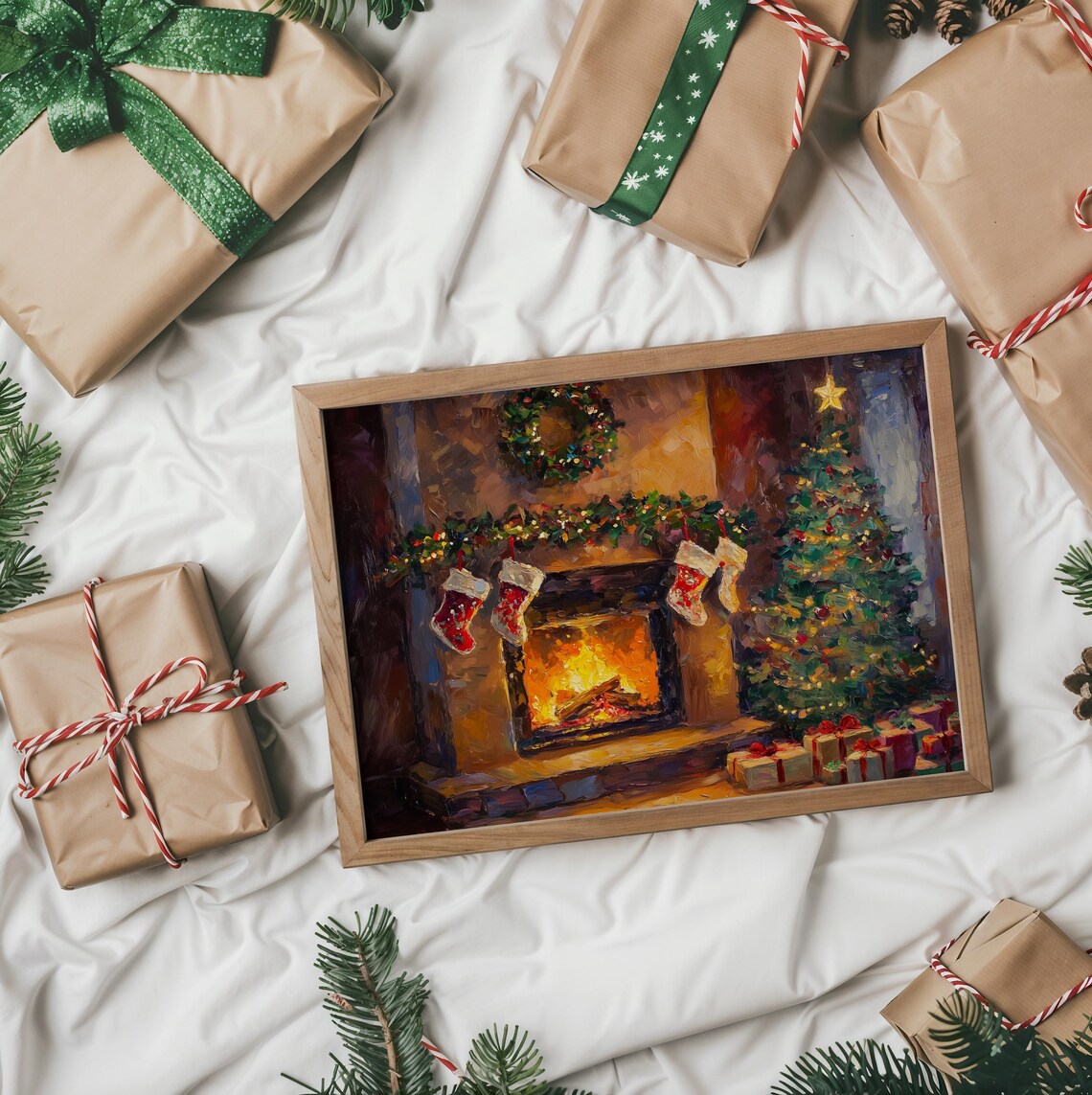 Cozy Christmas Living Room Fireplace Holiday Art Print - Image 3