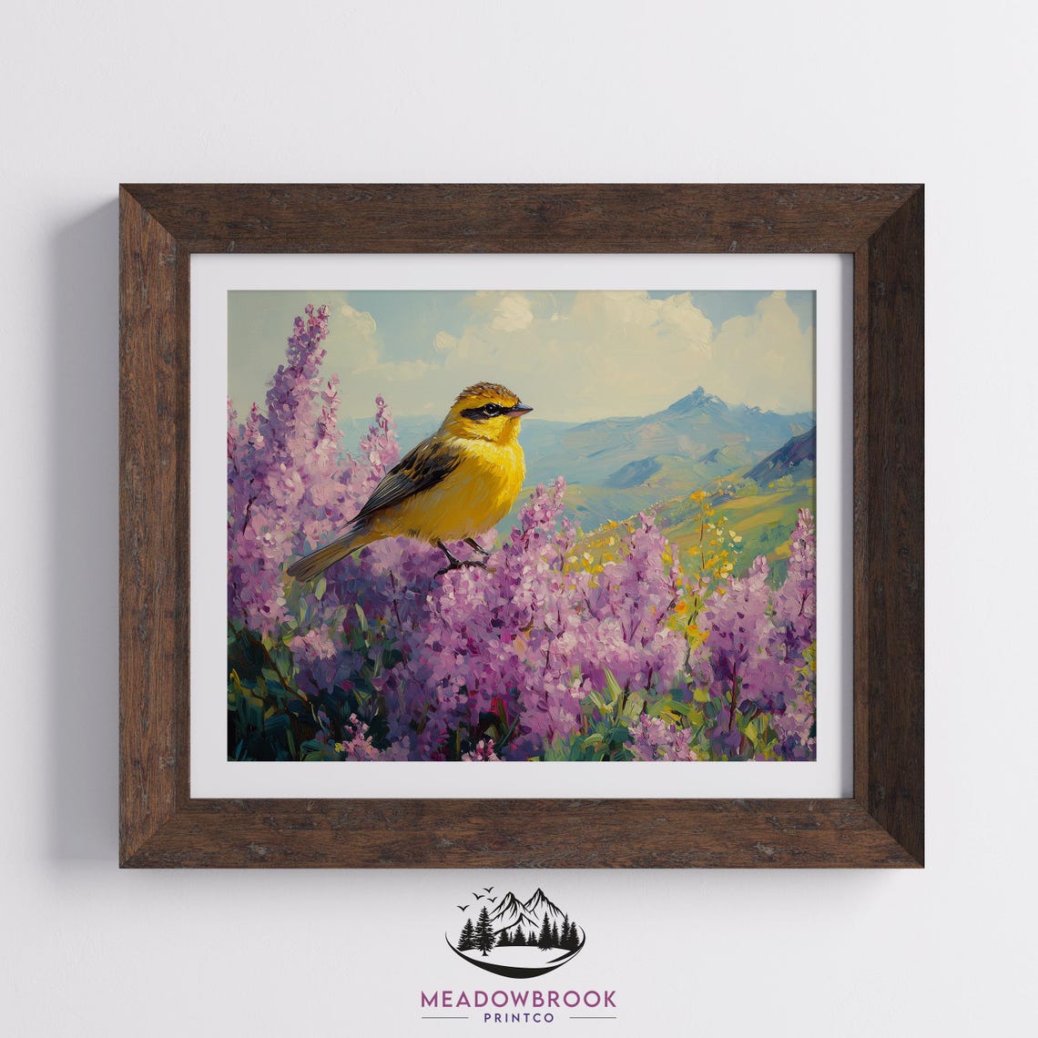 Golden Goldfinch on Purple Blossoms Sunlit Mountain Valley Bird Poster - Image 2