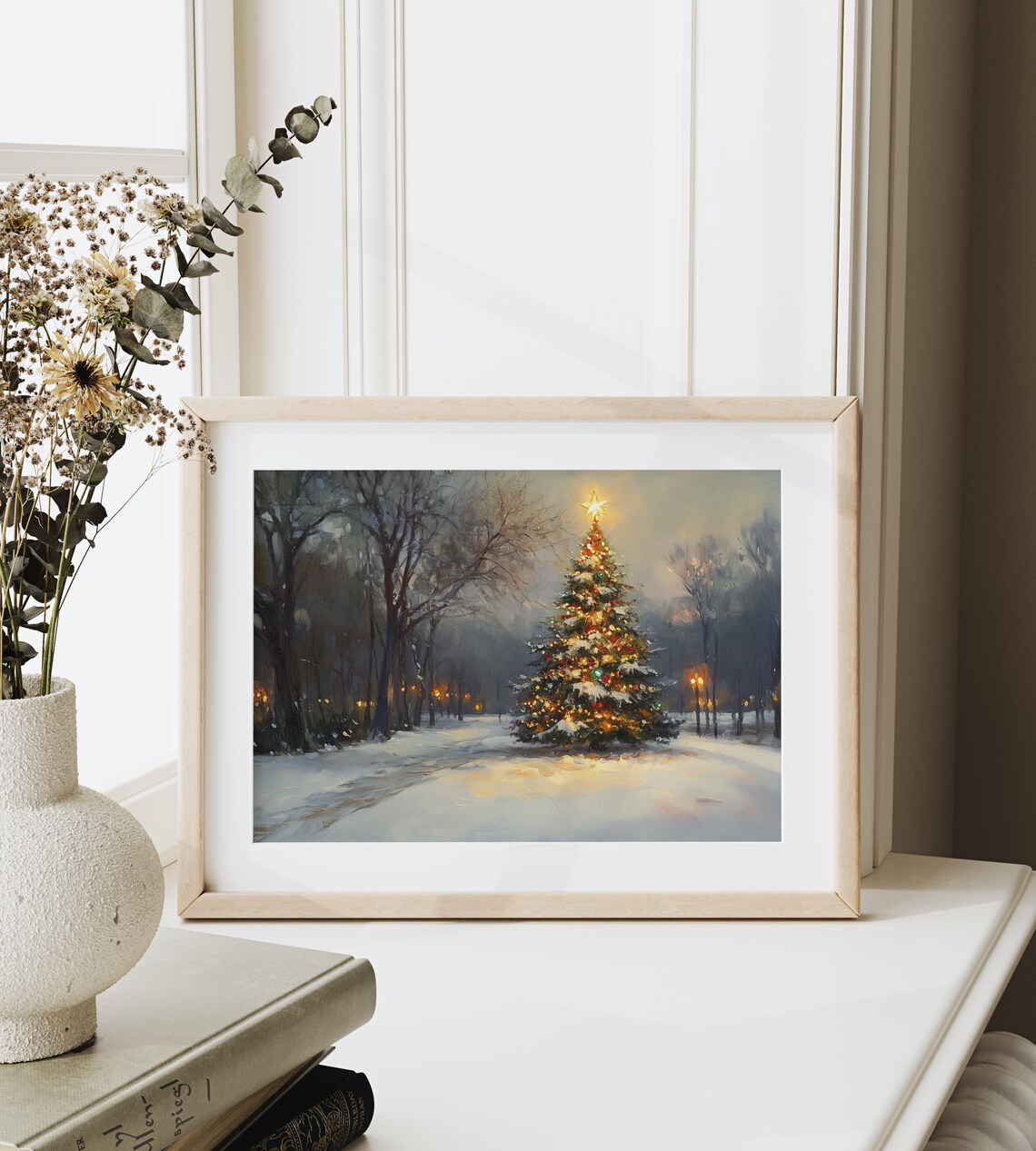 Lit Christmas Tree With Star In Snowy Park Holiday Night Art Poster - Image 3