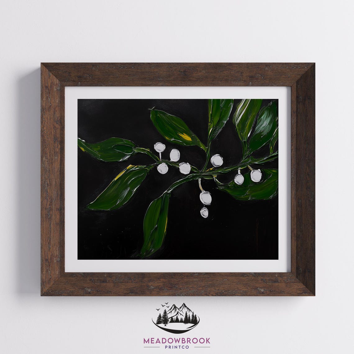 Mistletoe Sprig With White Berries On Black Moody Botanical Art Poster - Image 2