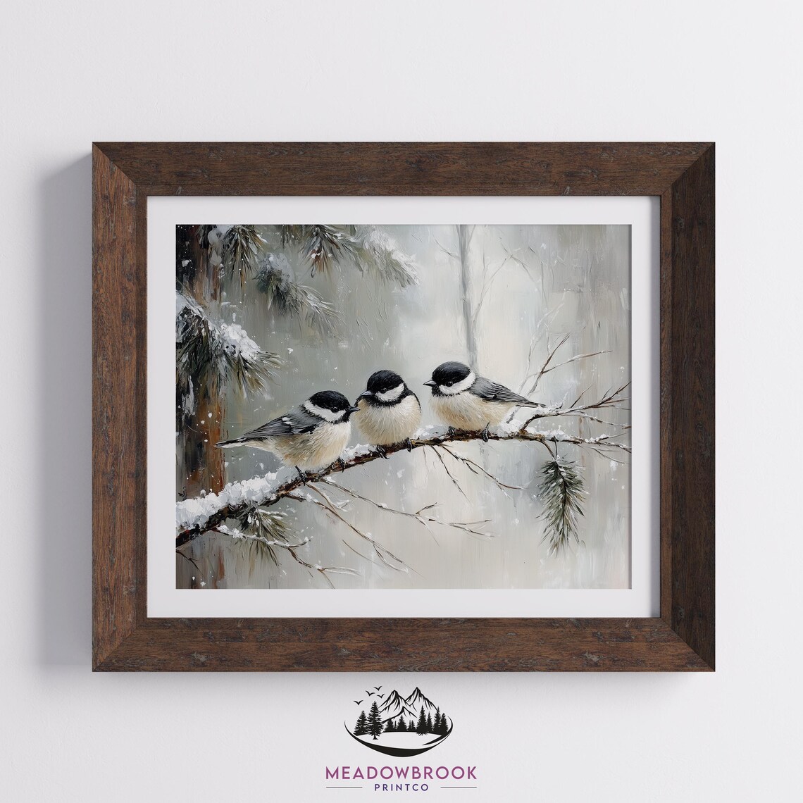 Chickadees on a Snowy Evergreen Branch Art Print - Image 2