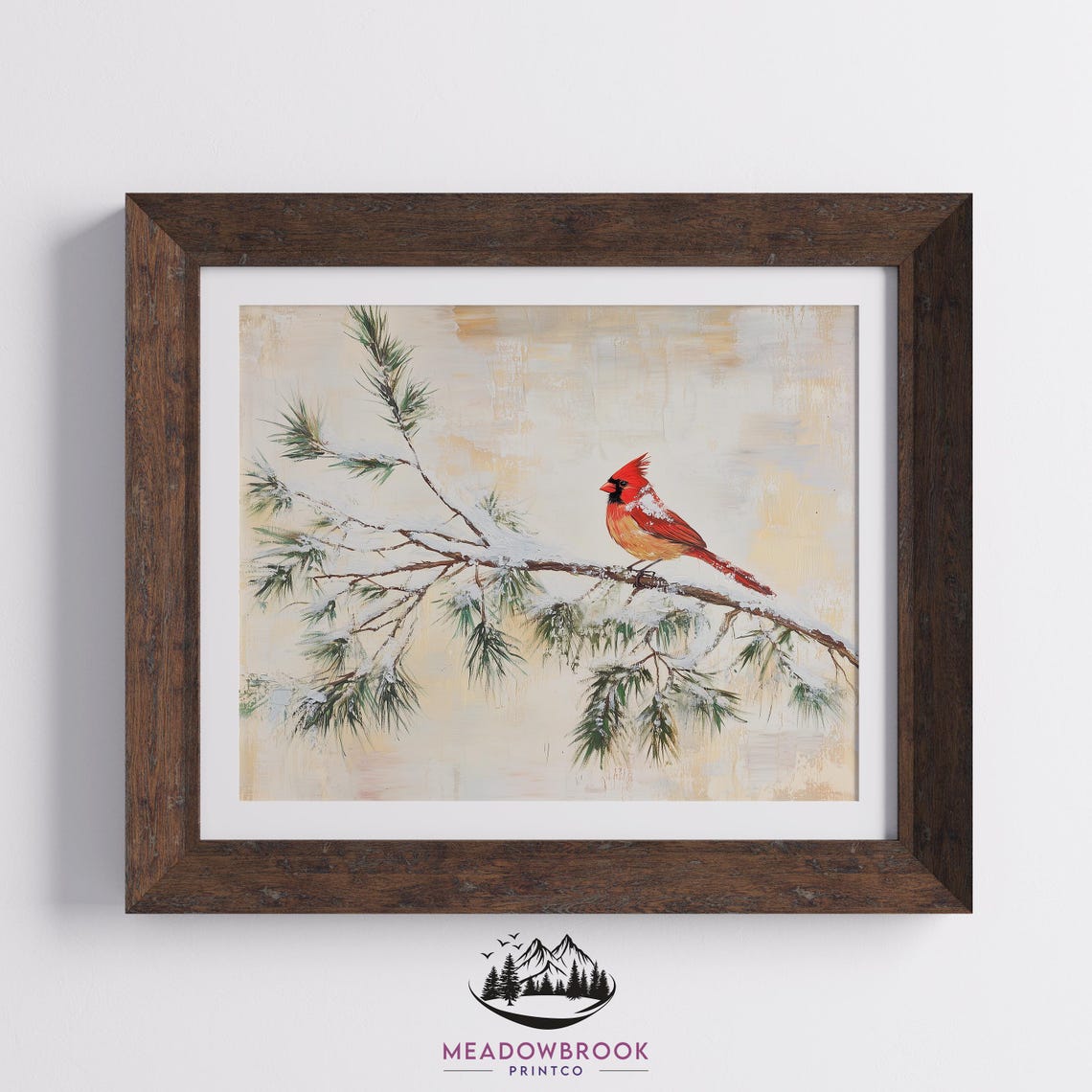 Cardinal On Snow Dusted Pine Branch Warm Golden Winter Painting Print - Image 2