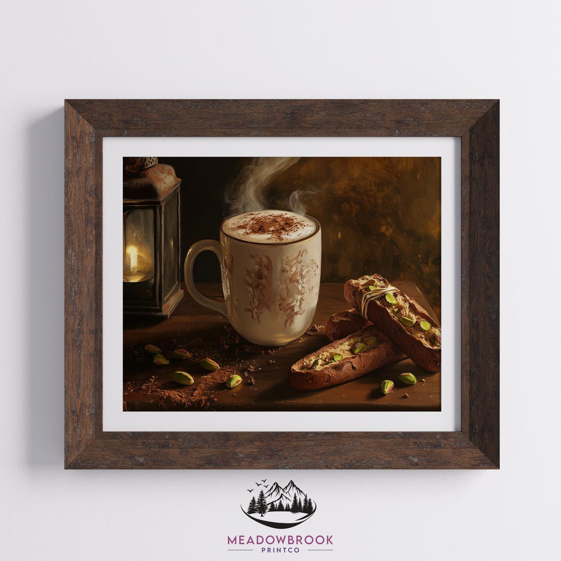 Steaming Cocoa Mug With Pistachio Biscotti Rustic Lantern Art Poster - Image 2
