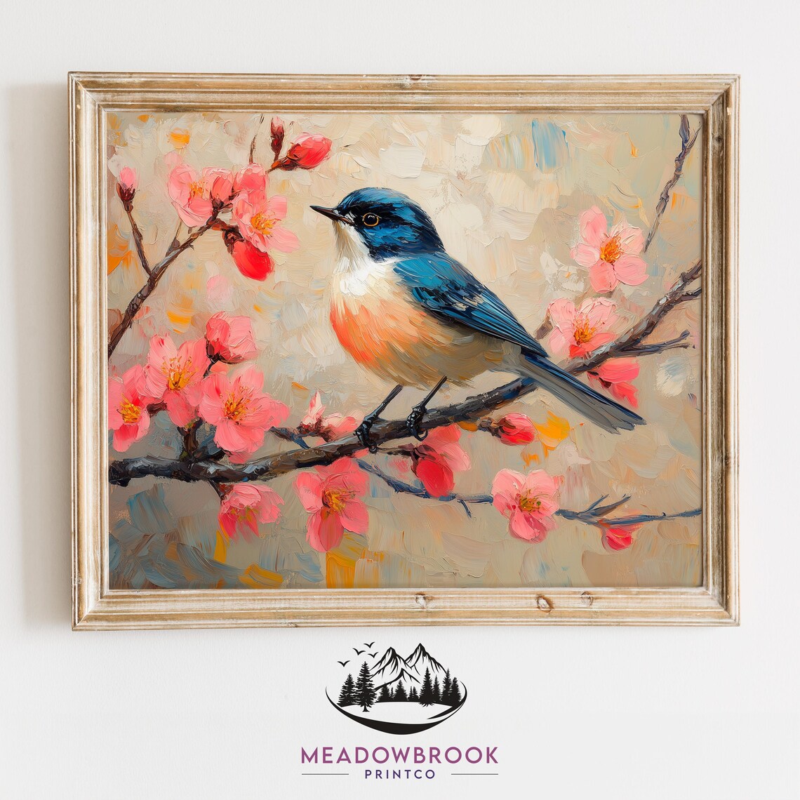Small Blue Songbird Among Pink Spring Blossoms Impasto Oil Art Poster