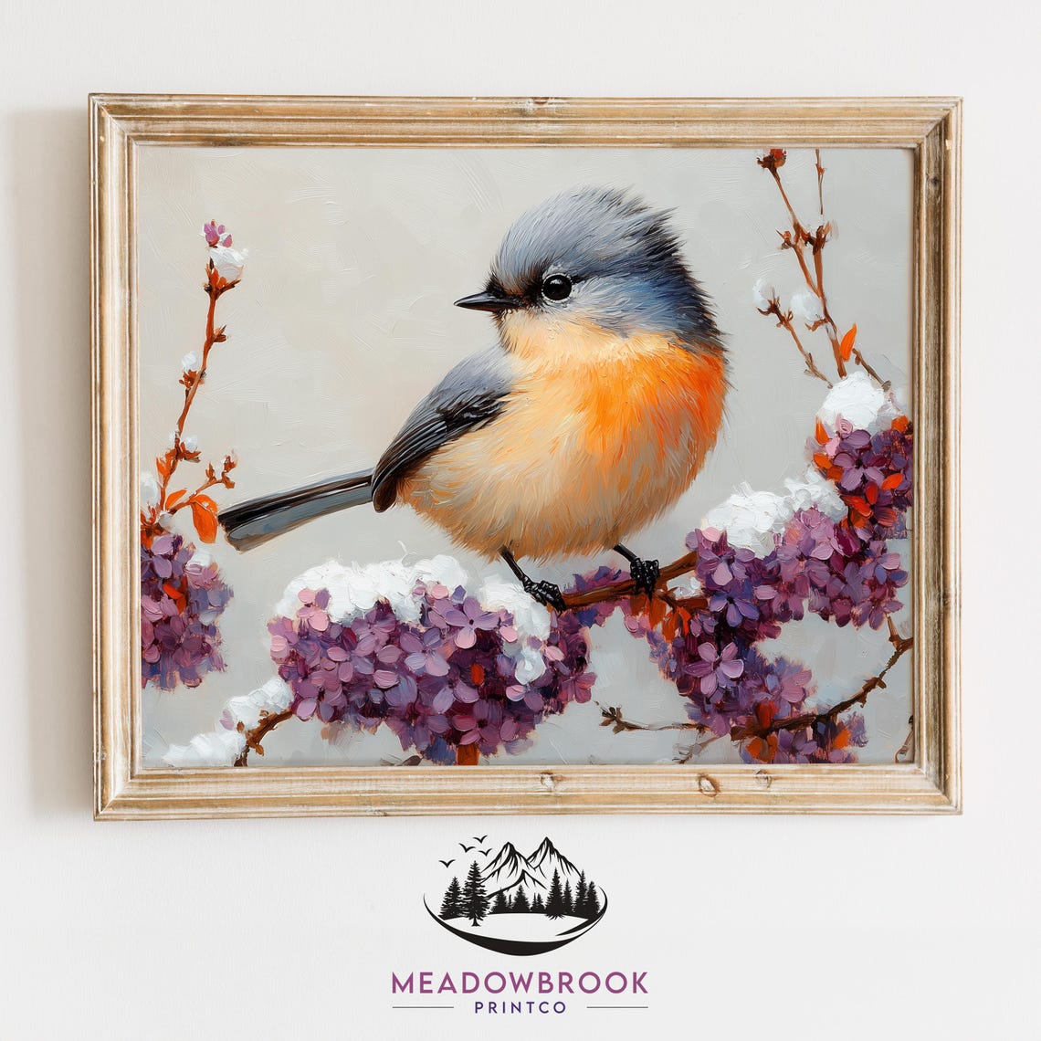 Tufted Titmouse On Snow Dusty Lilac Branch Soft Winter Art Poster