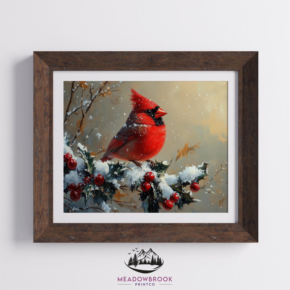 Red Cardinal On Snowy Holly Branch With Berries Winter Bird Poster - Image 2