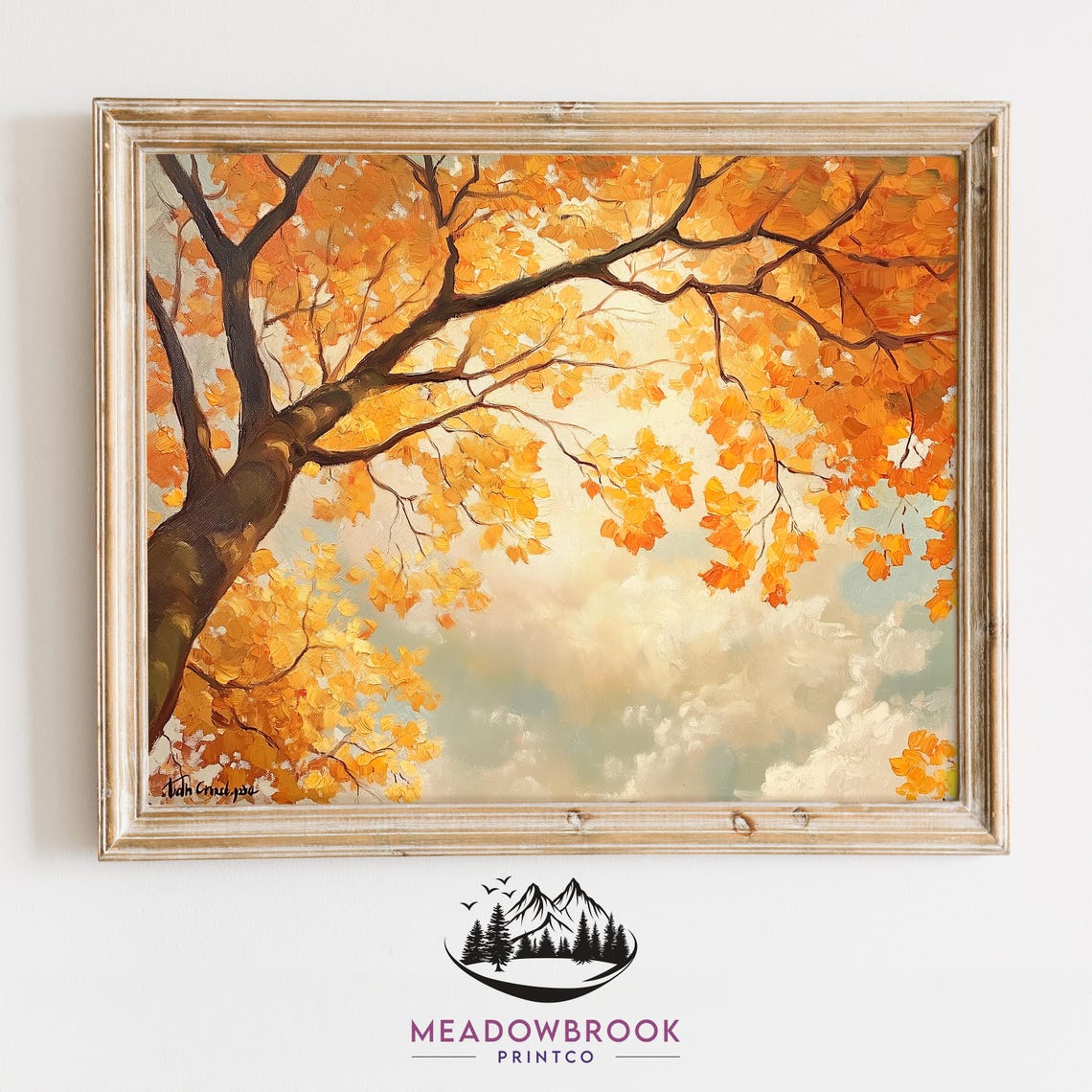 Golden Autumn Maple Canopy Sunlit Leaves Against Cloudy Sky Wall Art