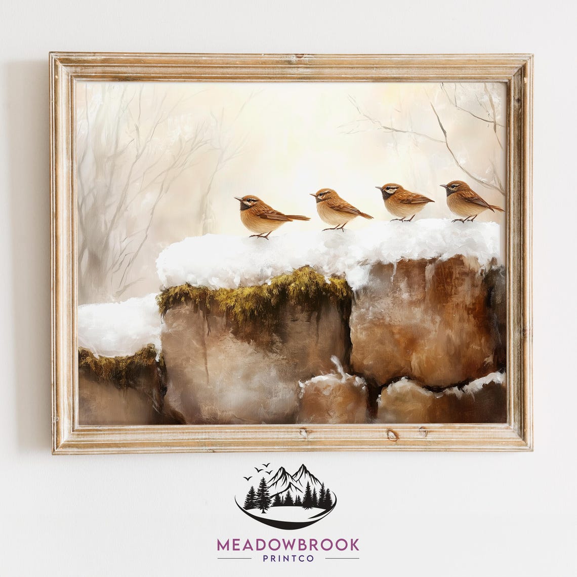 Four Sparrows On A Snowy Stone Wall Serene Winter Bird Art Poster