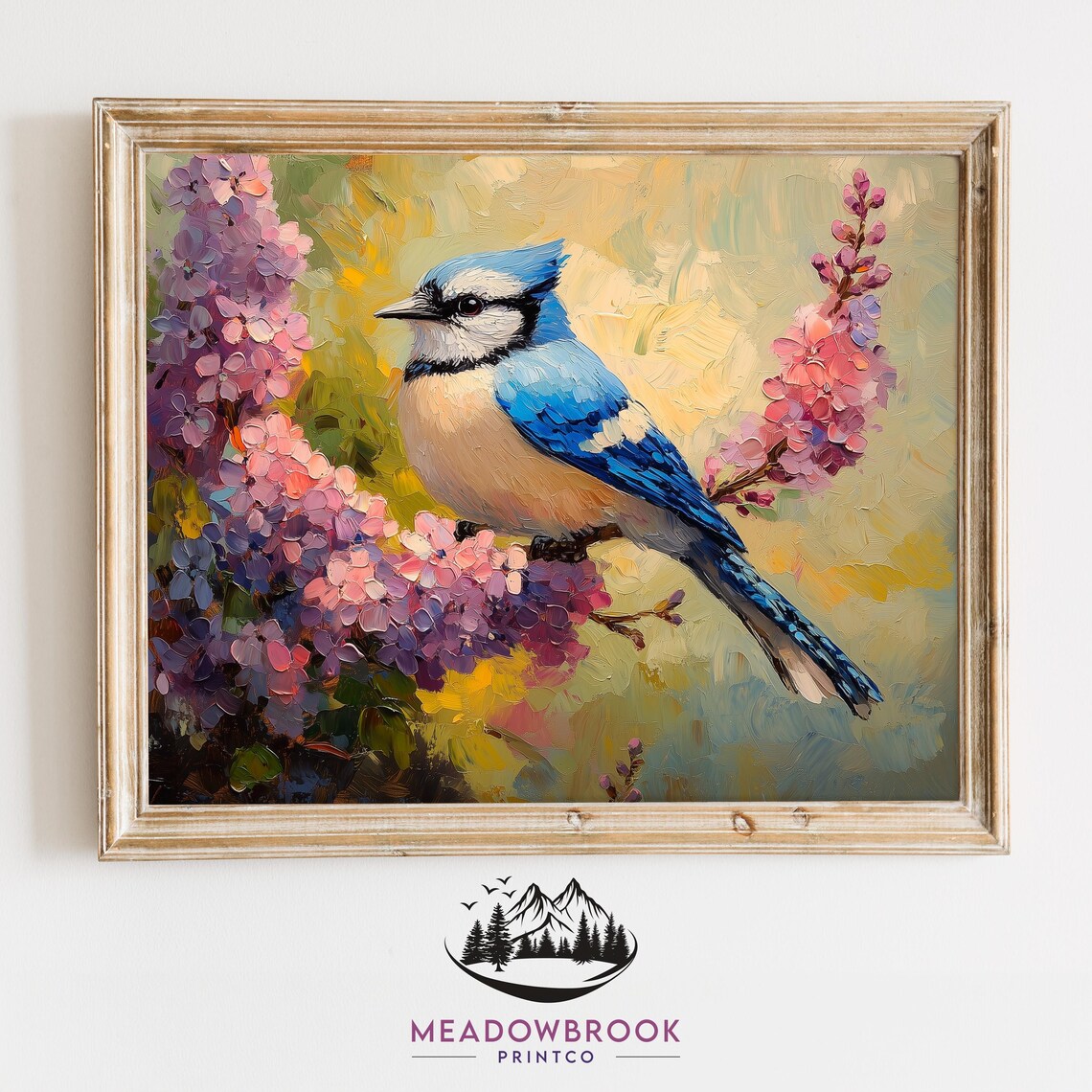 Blue Jay Among Lilac Blossoms Spring Impasto Oil Painting Art Poster