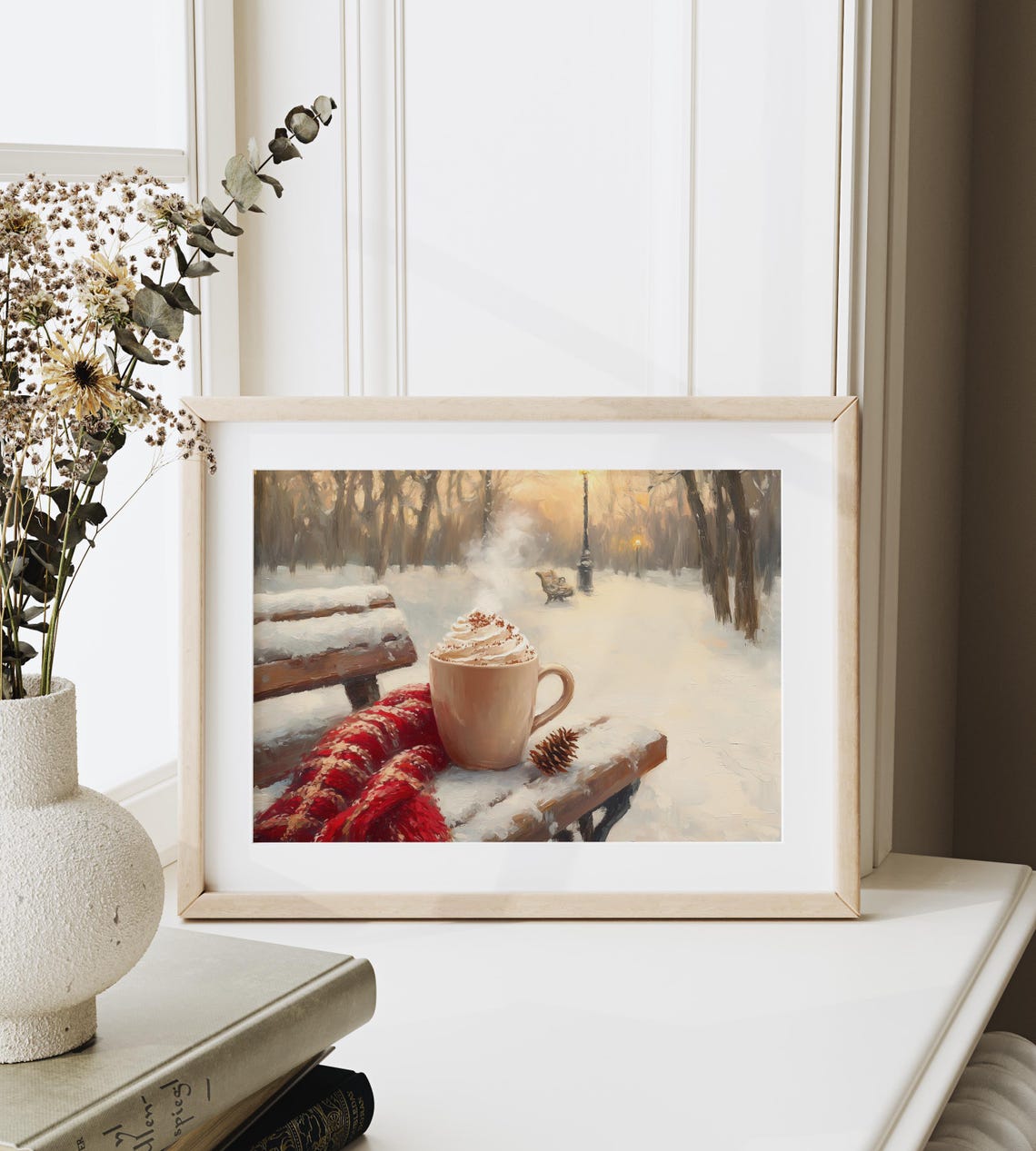 Hot Cocoa Mug On Snowy Park Bench With Cozy Red Scarf Art Poster - Image 3