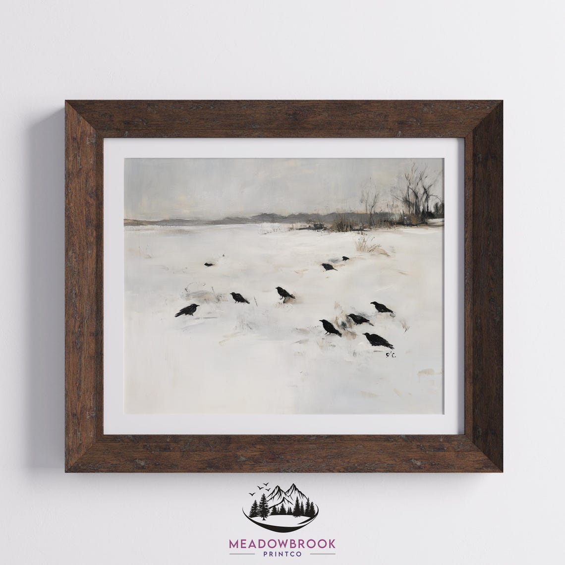 Small Flock Of Birds On Snowy Meadow Neutral Winter Art Poster - Image 2