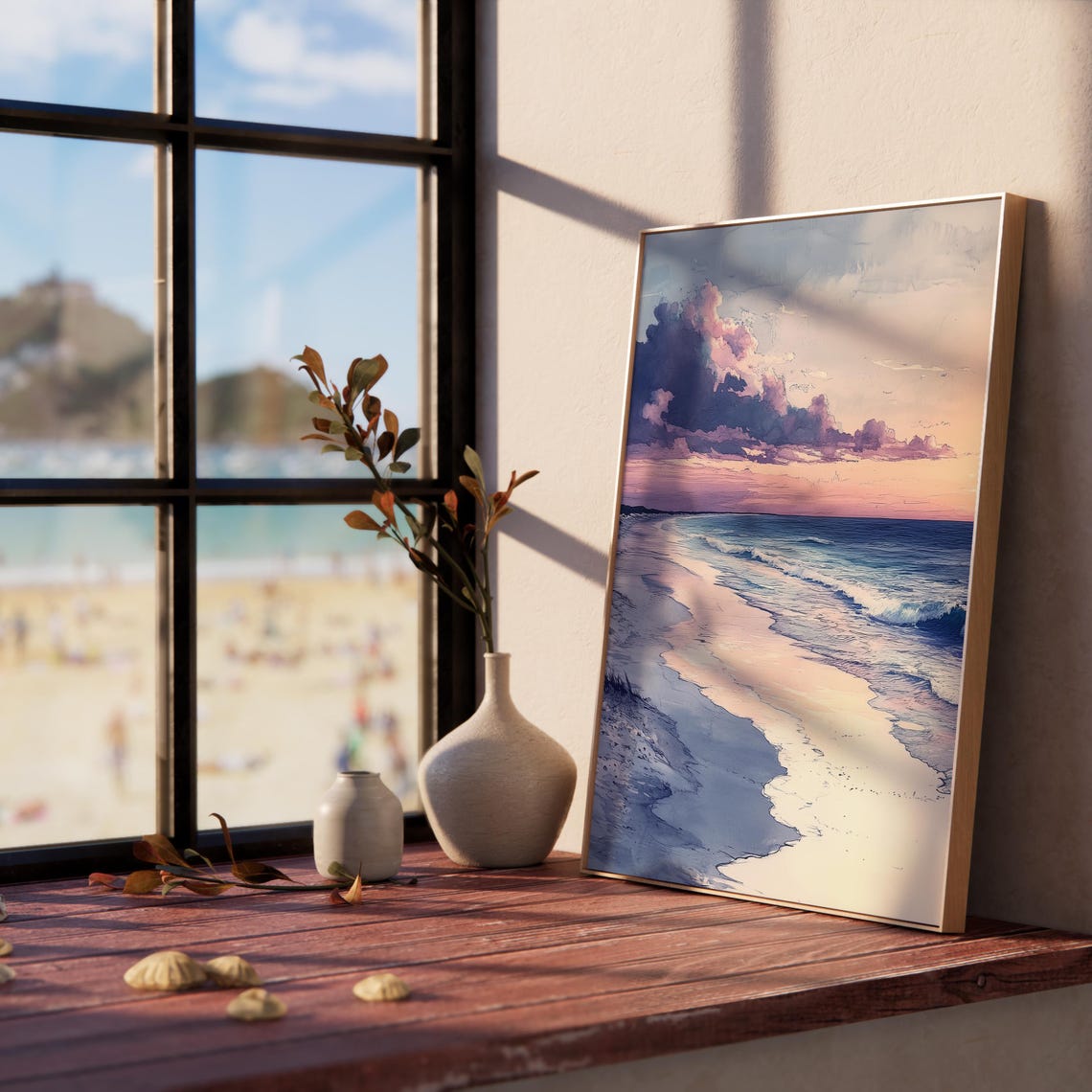 Serene Beach At Sunrise Pink Sky Coastal Watercolor Ocean Poster - Image 2