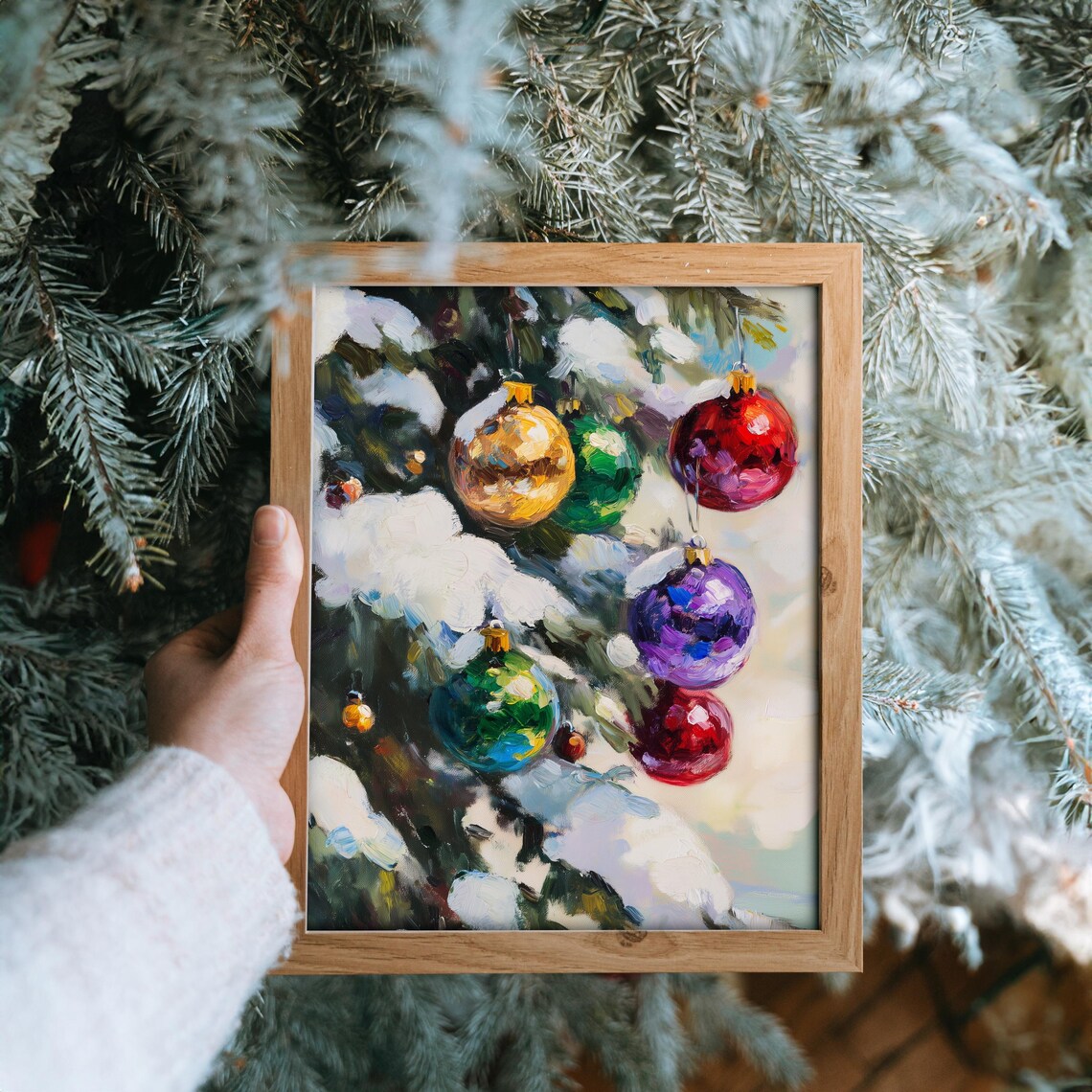 Christmas Ornaments On Snowy Tree Art Print, Vintage - Image 3