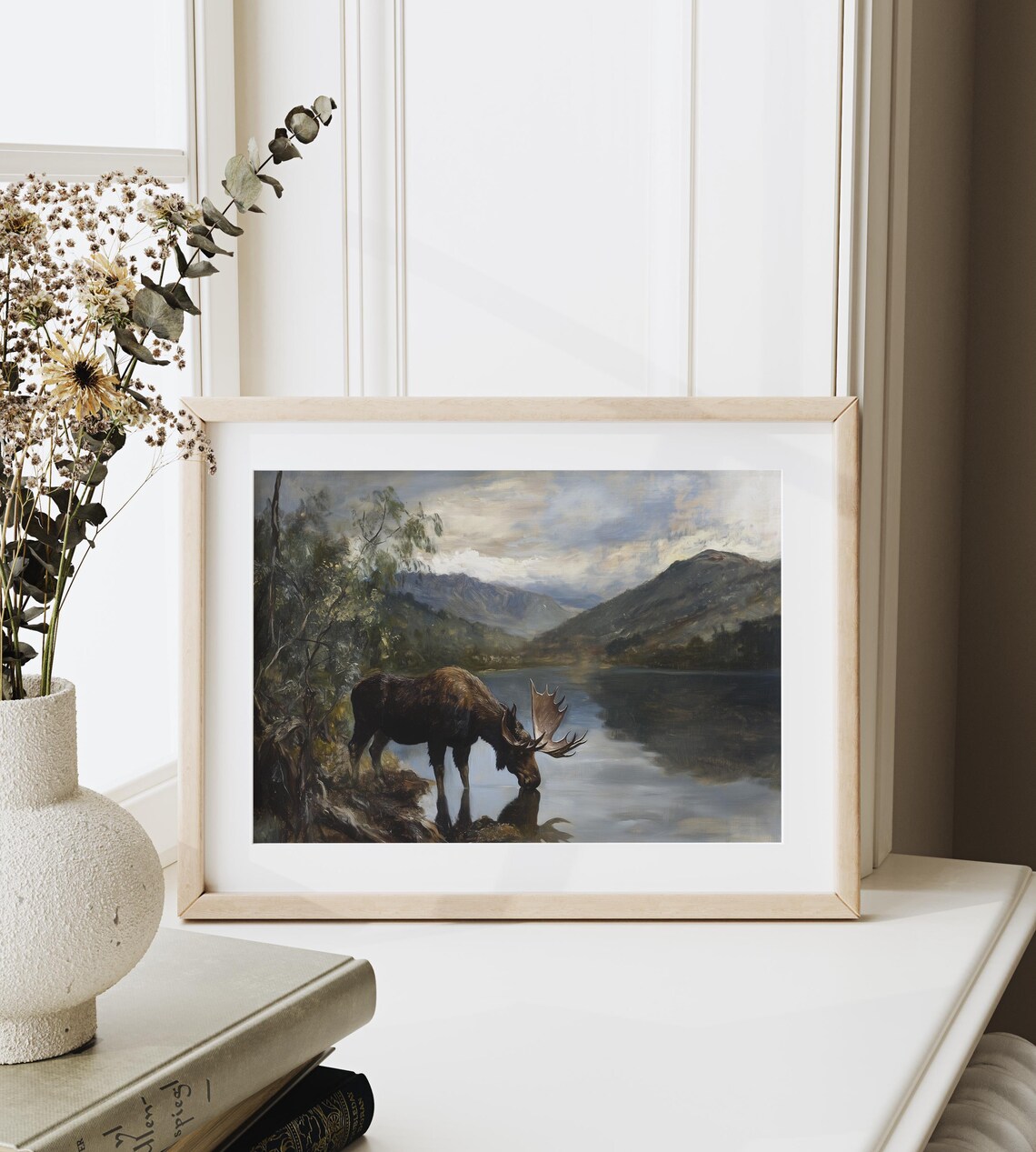 Moose Drinking From Mountain Lake, Rustic Wildlife Art Print - Image 3