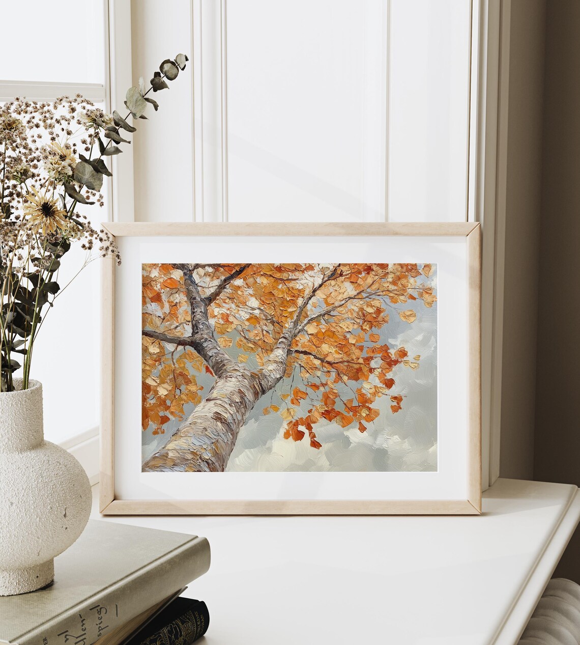 Upward View Of Birch Trunk With Fiery Orange Leaves Fall Nature Print - Image 3