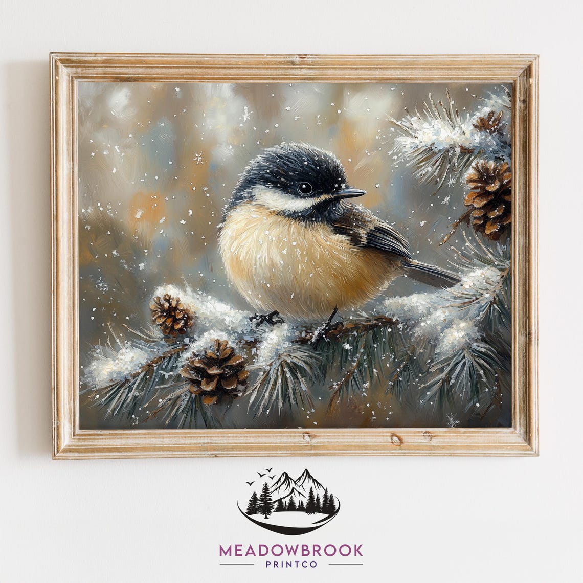Chickadee On Snowy Pine Branch With Pinecones Winter Scene Poster