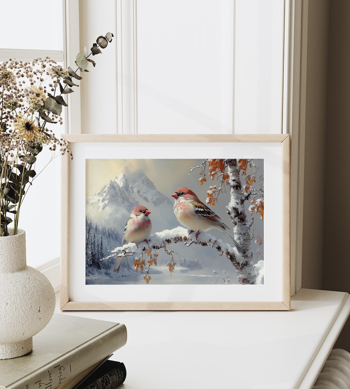 Pair Of House Finches On Snowy Branch Mountain Winter Scene Poster - Image 3