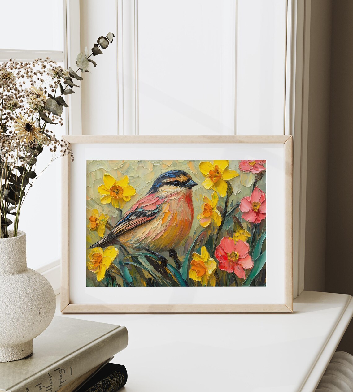 Sweet Finch Among Yellow Daffodils Spring Impasto Oil Painting Poster - Image 3