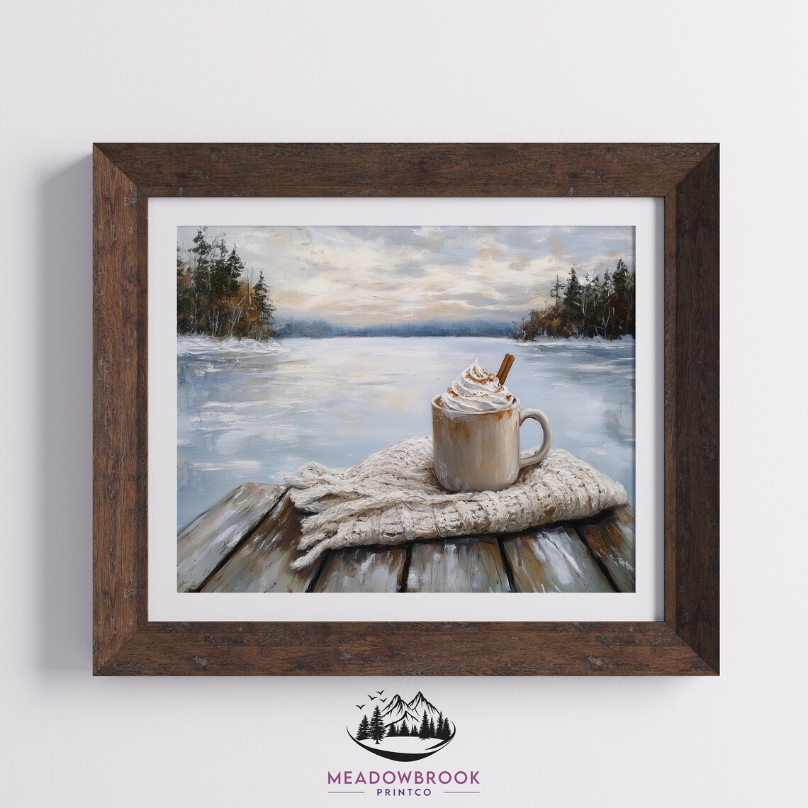 Hot Cocoa Mug On Snowy Dock By Frozen Lake Winter Art Poster - Image 2
