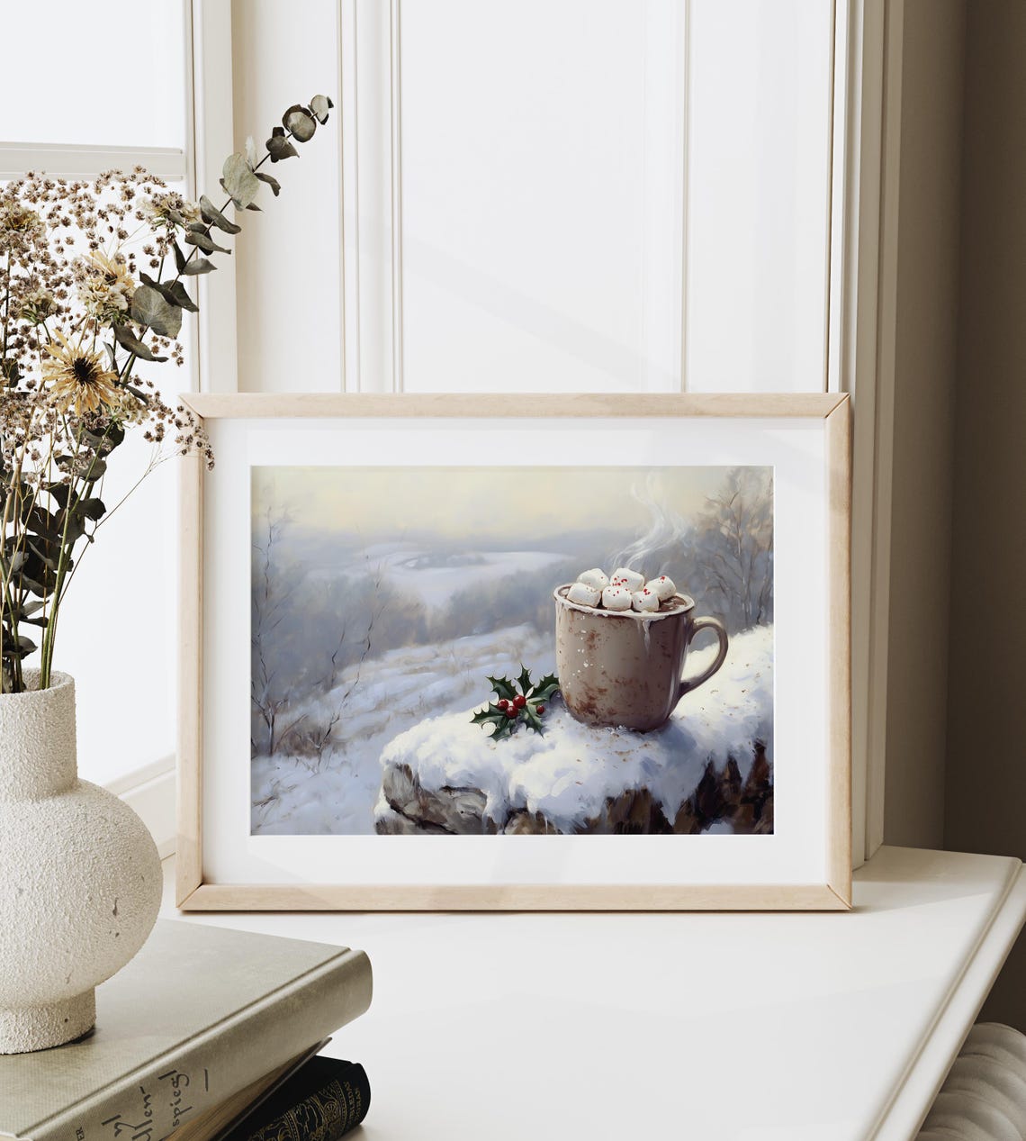 Hot Cocoa Marshmallow Mug On Snowy Rock With Holly Winter Scene Poster - Image 3
