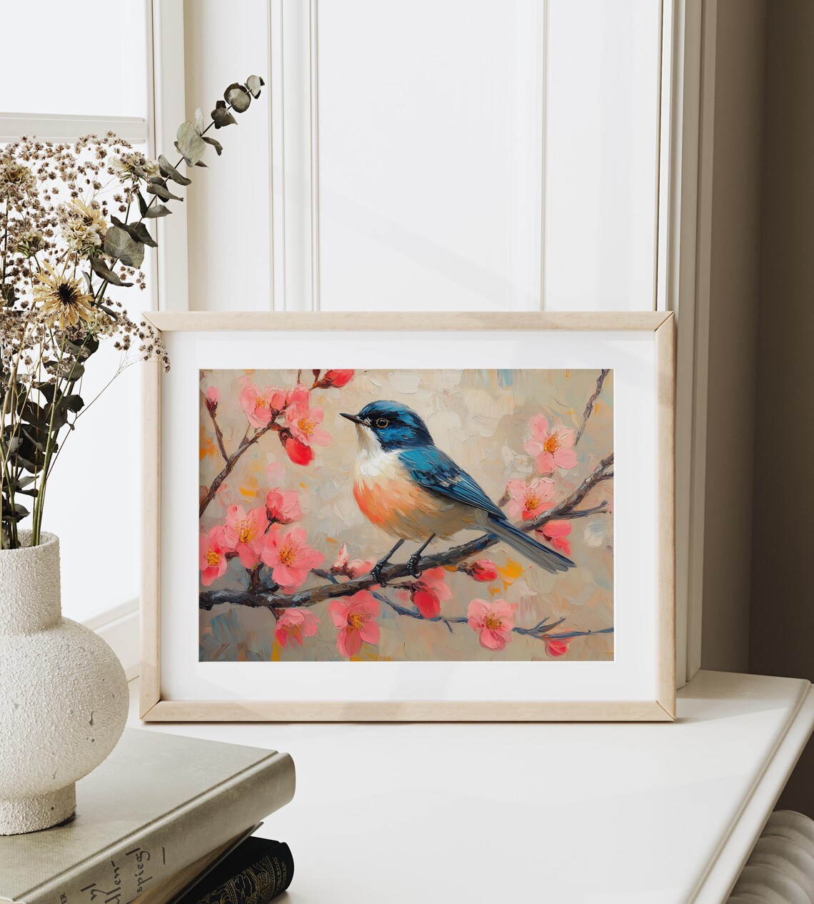 Small Blue Songbird Among Pink Spring Blossoms Impasto Oil Art Poster - Image 3