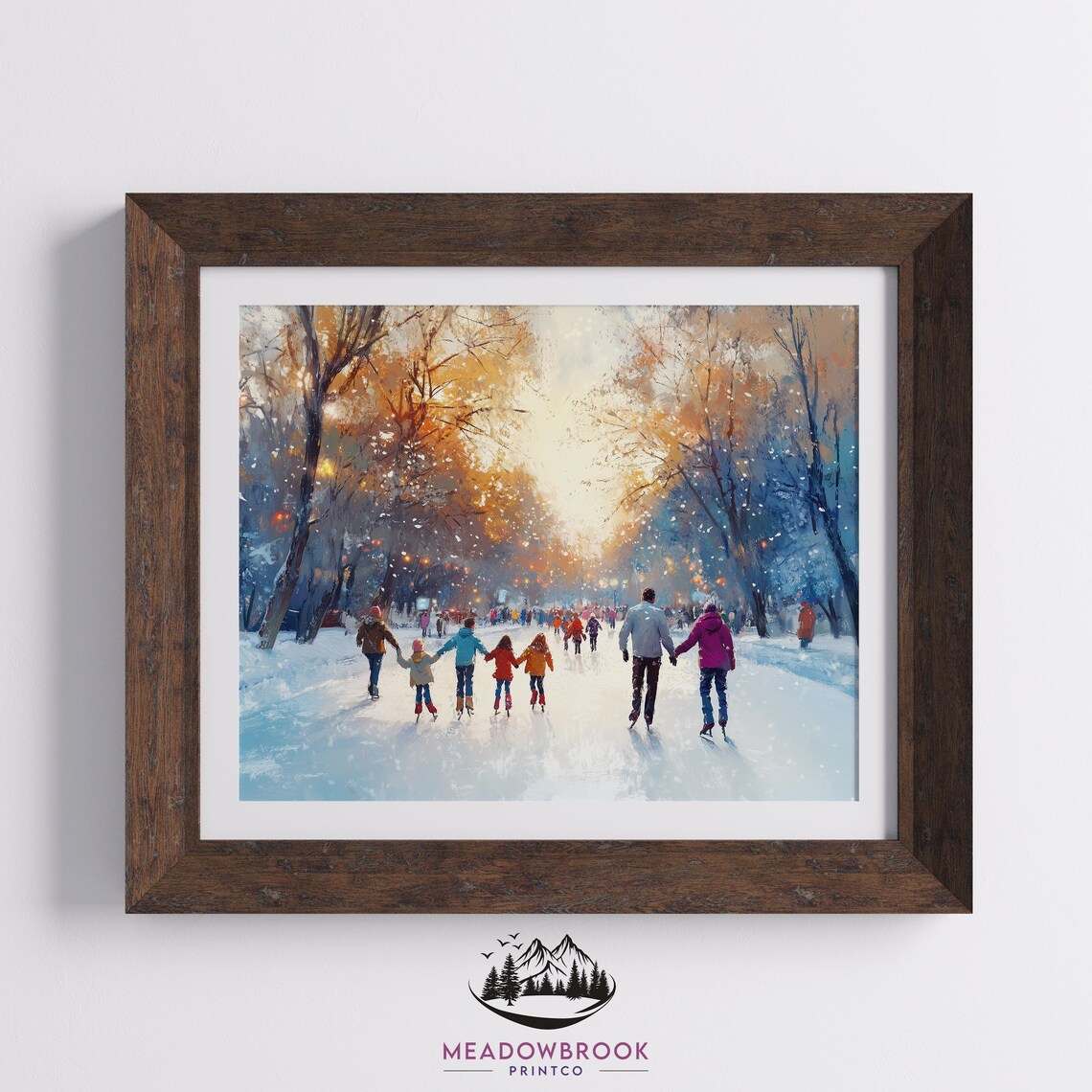 Families Ice Skating On Frozen Pond Sunset Winter Art Poster - Image 2