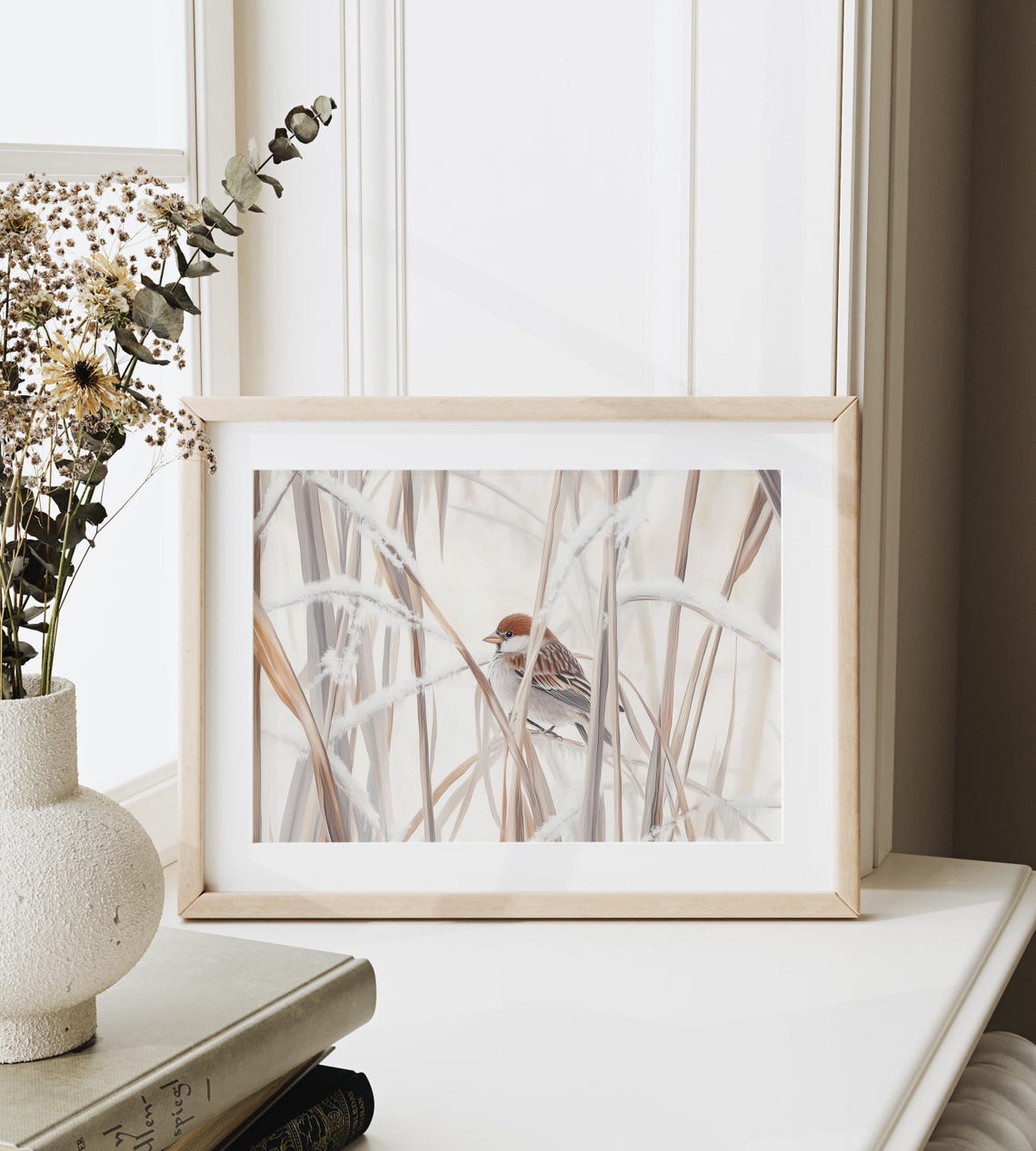 Sparrow In Frosty Winter Grass Soft Neutral Nature Scene Art Poster - Image 3