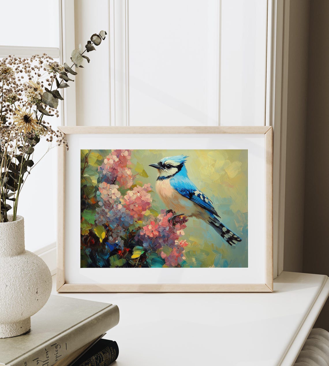 Blue Jay Perched On Blooming Hydrangea Branch Impasto Spring Poster - Image 3